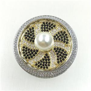 copper flower brooches pave zircon with pearl, revolvable, platinum plated, approx 35mm dia [FDZN5600]