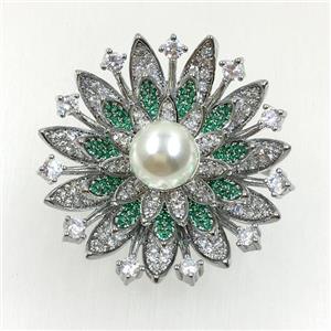 copper flower brooches pave zircon with pearl, revolvable, platinum plated, approx 40mm dia [FDZN5601]