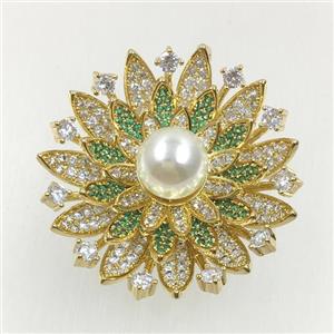 copper flower brooches pave zircon with pearl, revolvable, gold plated, approx 40mm dia [FDZN5602]