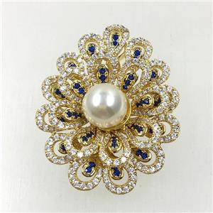 copper flower brooches pave zircon with pearl, revolvable, gold plated, approx 35x40mm [FDZN5603]