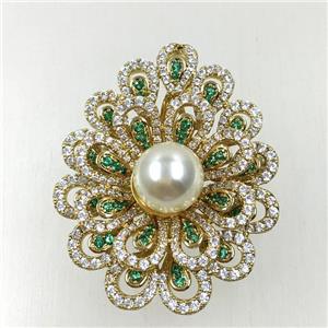 copper flower brooches pave zircon with pearl, revolvable, gold plated, approx 35x40mm [FDZN5604]