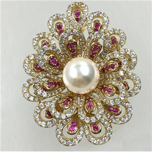copper flower brooches pave zircon with pearl, revolvable, gold plated, approx 35x40mm [FDZN5605]