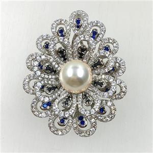 copper flower brooches pave zircon with pearl, revolvable, platinum plated, approx 35x40mm [FDZN5607]