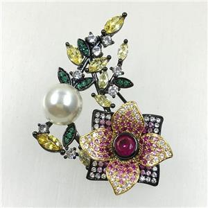 copper flower brooches pave zircon with pearl, revolvable, black plated, approx 30x45mm [FDZN5608]