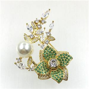 copper flower brooches pave zircon with pearl, revolvable, gold plated, approx 30x45mm [FDZN5610]