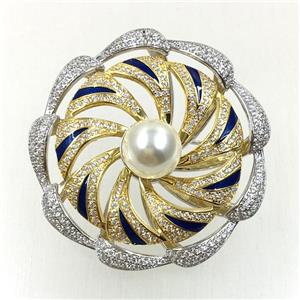 copper flower brooches pave zircon with pearl, revolvable, platinum plated, approx 40mm dia [FDZN5611]