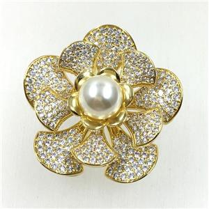 copper flower brooches pave zircon with pearl, revolvable, gold plated, approx 35mm dia [FDZN5612]