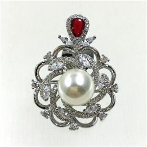 copper flower brooches pave zircon with pearl, revolvable, platinum plated, approx 25x30mm [FDZN5614]