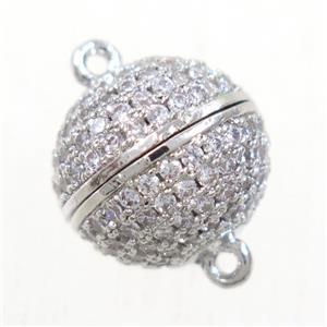 round copper ball magnetic clasp paved zircon, platinum plated, approx 8mm dia [FDZN5623-8MM]