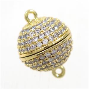 round copper ball magnetic clasp paved zircon, gold plated, approx 8mm dia [FDZN5624-8MM]