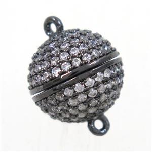 round copper ball magnetic clasp paved zircon, black plated, approx 12mm dia [FDZN5625-12MM]