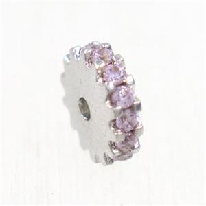 copper rondelle beads pave pink zircon, platinum plated, approx 8mm dia [FDZN5629-8MM]