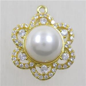 copper flower pendant paved zircon with shell, gold plated, approx 18mm dia [FDZN5683]