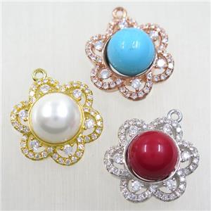 copper flower pendant paved zircon with shell, gold plated, mix, approx 18mm dia [FDZN5684]