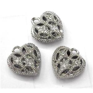 copper pendant paved zircon, heart, platinum plated, approx 11mm dia [FDZN569-11MM]