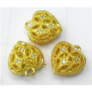copper pendant paved zircon, heart, gold plated, approx 14mm dia [FDZN571-14MM]