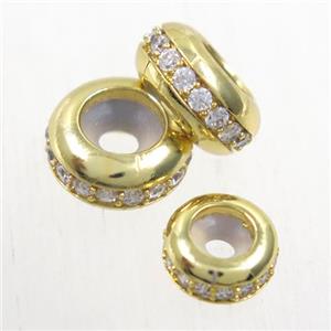 copper rondelle beads paved zircon, gold plated, approx 10mm dia [FDZN5753-10MM]