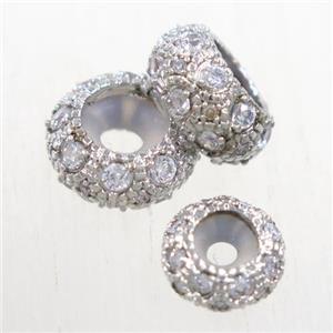 copper rondelle beads paved zircon, platinum plated, approx 8mm dia [FDZN5754-8MM]