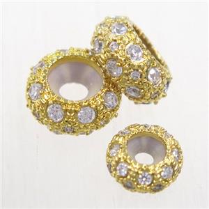copper rondelle beads paved zircon, gold plated, approx 10mm dia [FDZN5755-10MM]