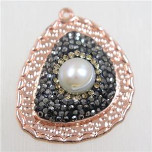 copper pendant paved rhinestone with pearl, rose gold, approx 25-30mm [FDZN5765]