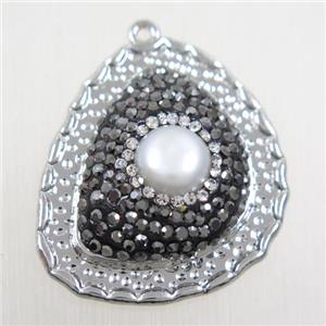copper pendant paved rhinestone with pearl, platinum plated, approx 25-30mm [FDZN5766]