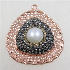copper teardrop pendant paved rhinestone with pearl, rose gold, approx 27mm [FDZN5770]