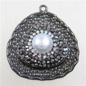 copper teardrop pendant paved rhinestone with pearl, black plated, approx 27mm [FDZN5773]