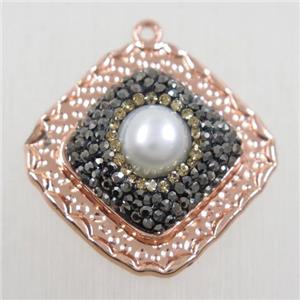 copper square pendant paved rhinestone with pearl, rose gold, approx 23-27mm [FDZN5775]