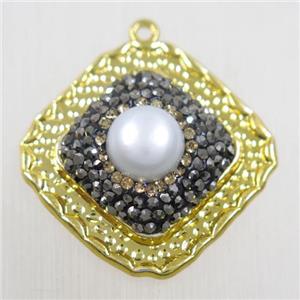 copper square pendant paved rhinestone with pearl, gold plated, approx 23-27mm [FDZN5777]