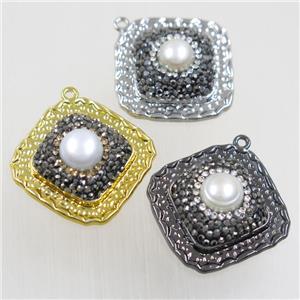 copper square pendant paved rhinestone with pearl, mix color, approx 23-27mm [FDZN5779]
