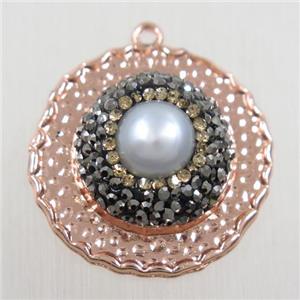 copper circle pendant paved rhinestone with pearl, rose gold, approx 25mm dia [FDZN5780]