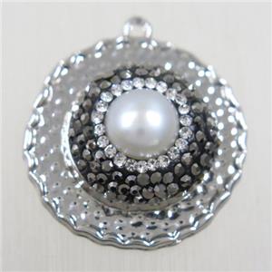 copper circle pendant paved rhinestone with pearl, platinum plated, approx 25mm dia [FDZN5781]