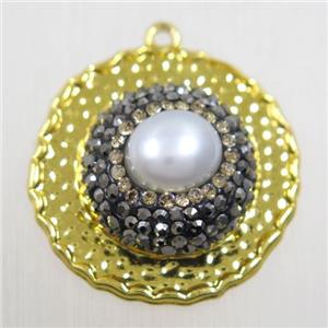copper circle pendant paved rhinestone with pearl, gold plated, approx 25mm dia [FDZN5782]