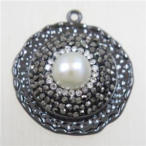 copper circle pendant paved rhinestone with pearl, black plated, approx 25mm dia [FDZN5783]