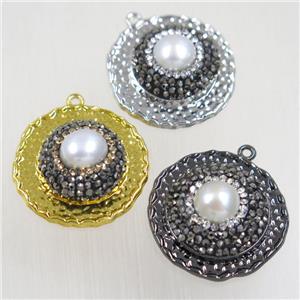 copper circle pendant paved rhinestone with pearl, mix color, approx 25mm dia [FDZN5784]