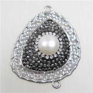 copper teardrop connector paved rhinestone with pearl, platinum plated, approx 25-30mm [FDZN5786]
