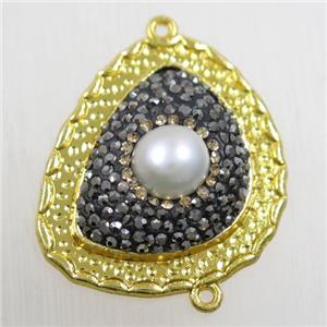 copper teardrop connector paved rhinestone with pearl, gold plated, approx 25-30mm [FDZN5787]