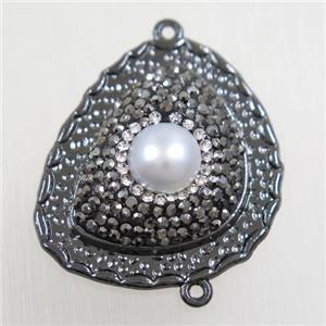 copper teardrop connector paved rhinestone with pearl, black plated, approx 25-30mm [FDZN5788]