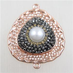copper teardrop connector paved rhinestone with pearl, rose gold, approx 27mm [FDZN5790]