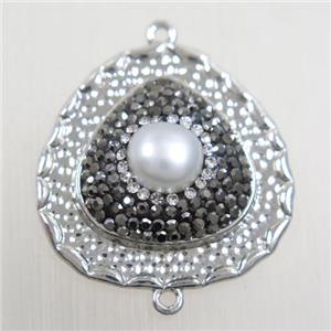 copper teardrop connector paved rhinestone with pearl, platinum plated, approx 27mm [FDZN5791]