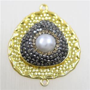copper teardrop connector paved rhinestone with pearl, gold plated, approx 27mm [FDZN5792]