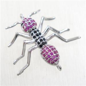 copper ant connector paved zircon, platinum plated, approx 23-25mm [FDZN5809]