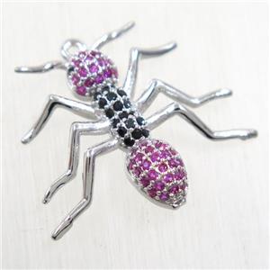 copper Ant pendant paved zircon, platinum plated, approx 23-25mm [FDZN5811]
