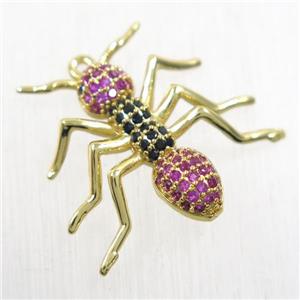 copper Ant pendant paved zircon, gold plated, approx 23-25mm [FDZN5812]