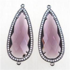 copper teardrop connector paved zircon with purple crystal glass, black plated, approx 18-40mm [FDZN5825]