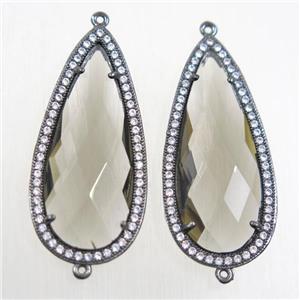 copper teardrop connector paved zircon with smoky crystal glass, black plated, approx 18-40mm [FDZN5826]