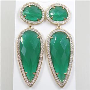 copper earring studs paved zircon with green crystal glass, gold plated, approx 18-55mm [FDZN5835]