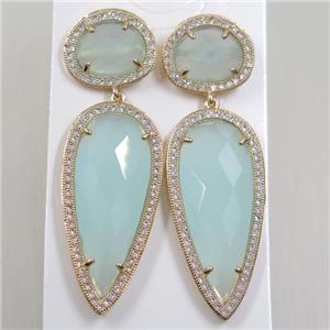 copper earring studs paved zircon with lt.green crystal glass, gold plated, approx 18-55mm [FDZN5836]