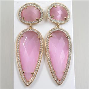 copper earring studs paved zircon with pink crystal glass, gold plated, approx 18-55mm [FDZN5837]
