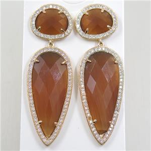 copper earring studs paved zircon with brown crystal glass, gold plated, approx 18-55mm [FDZN5838]